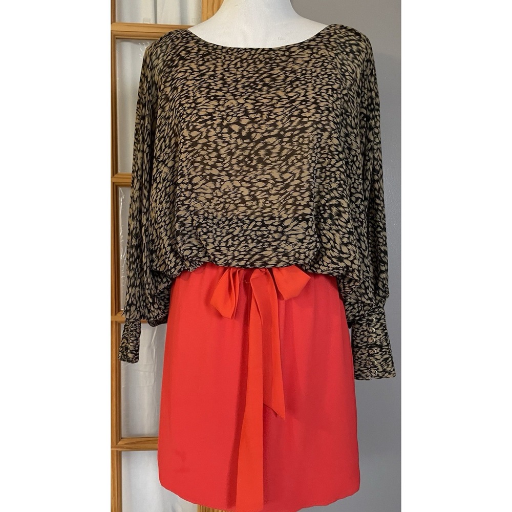 THML Anthropologie Belted Mini Dress Sz M Beige Leopard Red Dolman Sleeve Career
